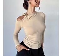 Maglietta a maniche lunghe aderente con decorazione color albicocca, asimmetrica sulle spalle, elegante, adatta per primavera, autunno, inverno, per ufficio, lavoro, insegnanti donna L,M,S,XSColore un