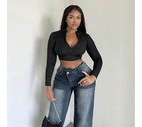 Maglietta a maniche lunghe aderente da donna con scollo a V, mezza chiusura lampo elastica, casual, essential per l'autunno e l'inverno L,M,S,XS,XXSColore unicoTessuto in maglia