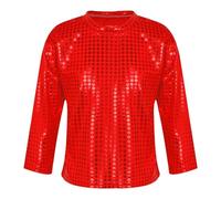 Maglietta a maniche lunghe con lustrini, da ballo, hip hop, top danza, moderno, jazz, discoteca brillante, con lustrini, carnevale, travestimento, abbigliamento per prestazioni 2-19 anni, rosso, 4-5
