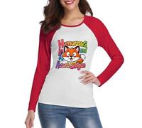 Maglietta a maniche lunghe con ritratti di animali, da donna, girocollo, autunnale, in cotone, per clima mite, perfetta per l'estate e l'autunno, Rosso, XXL