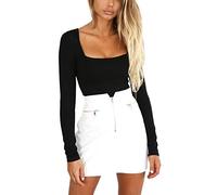 Maglietta a maniche lunghe, con scollo a quadrato, lunga, Nero , M