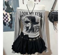 Maglietta a maniche lunghe con scollo a spalla e stampa di lettere e ritratti per donna L,M,S,XL,XSBlocchi di colore,Ritratto,LettereTessuto in maglia