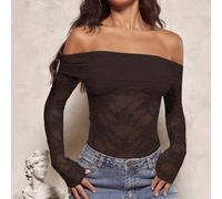 Maglietta a maniche lunghe con scollo alla spalla, in pizzo traforato e spallina, per appuntamento romantico di San Valentino, top da donna sexy con arricciatura, trasparente, aderente, color marrone 