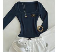 Maglietta a maniche lunghe con scollo quadrato blu navy, slim fit, adatta per primavera, estate, autunno e inverno. Maglietta di moda, regalo di stile minimalista per fratelli, sorelle, mamma, festa d