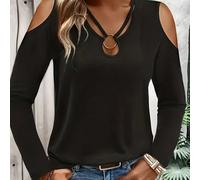 Maglietta a maniche lunghe con spalle scoperte e taglio, scollo a buco della serratura e dettaglio ad anello, casual da donna, taglia comoda, colore nero, per la primavera 1XL,2XL,3XL,4XL,5XLColore un