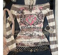 Maglietta a maniche lunghe con stampa a cuore rosa angelico in stile Y2K, a righe bianche e nere monospalla, adatta per la stagione back-to-school, un regalo per le sorelle L,M,S,XL,XS,XXSGrafico,Lett