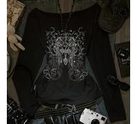 Maglietta a maniche lunghe con stampa gotica barocca a croce e ali, oversize, con spalla asimmetrica e volant sull'orlo, per donne, maglione sexy con spalle scoperte adatto per autunno/inverno, ritorn