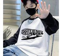 Maglietta A Maniche Lunghe Con Stampa Lettere Per Ragazzi Tween, Girocollo, Manica Raglan, Motivo Bianco E Nero A Blocchi Di Colore Per Autunno/inverno 6Y,7Y,8Y,9Y,10Y,11-12Y,4Y,5Y,13-14YGeometrico,Le