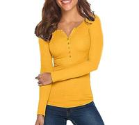 Maglietta a maniche lunghe da donna 2025 con scollo a V, maniche lunghe, tinta unita, con bottoni, top basic per interni ed esterni, sport, lavoro o vita quotidiana, Giallo, M