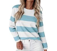 Maglietta a maniche lunghe da donna a righe, scollo rotondo, a maniche lunghe, casual, per primavera, autunno, a righe, basic, Azzurro, L
