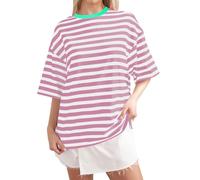 Maglietta a maniche lunghe da donna, a righe, scollo rotondo, basic Locker marinai, oversize, Y2K, camicia primaverile, O rosa chiaro, XXL