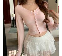 Maglietta a maniche lunghe da donna a righe strutturate rosa, con decorazione di bottoni a forma di cuore, adatta per la primavera e l'estate nello stile Y2K L,M,S,XSPiantePoliestere