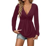 Maglietta a maniche lunghe da donna, a vita impero, chic, da sera, con scollo a V, con fiocco, top casual, elegante, taglia grande, a maniche lunghe, sexy, tunica per autunno e inverno, camicetta