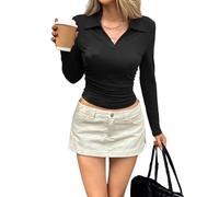 Maglietta a maniche lunghe da donna, basic, risvolto elastico, per il tempo libero, slim fit, Y2K, scollo a V, magliette carine, top autunnali, Nero , XL