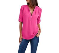 Maglietta a maniche lunghe da donna con chiusura lampo, con bottone, camicia da donna a maniche corte, in chiffon, con chiusura lampo, con scollo a V, tinta unita, elegante e confortevole, Rosa caldo,