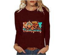 Maglietta a maniche lunghe da donna con illustrazione di tacchino con scritta "Happy Thanksgiving Birthday", casual, comoda, con stampa di lettere grafiche, maglietta a girocollo di base, vino, XL