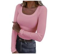 Maglietta a maniche lunghe da donna, con scollo a U, maglietta sexy da donna, taglia grande, tinta unita, casual, classica, elegante, vestibilità sottile, leggera, comoda e comoda per autunno
