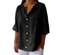 Maglietta a maniche lunghe da donna, con scollo a V, in lino, da donna, estiva, con maglietta comoda, a maniche lunghe, colore puro, camicetta casual sciolta, traspirante, top aperto, Nero , XL