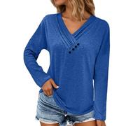 Maglietta a maniche lunghe da donna con scollo a V incrociato, casual, basic con abbottonatura decorativa, maglietta comoda ed elegante per l'uso quotidiano, Stil_x03 blu, L