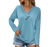 Maglietta a maniche lunghe da donna con scollo a V incrociato, casual, basic con abbottonatura decorativa, maglietta comoda ed elegante per l'uso quotidiano, Stil_x07 blu, L