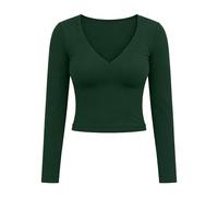 Maglietta a maniche lunghe da donna, con scollo a V, maglietta basic a maniche lunghe, slim fit, Y2K, tinta unita, per adolescenti, streetwear V, scollo vintage, maglia aderente, O verde, S