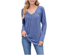 Maglietta a maniche lunghe da donna, elegante, con scollo a V, tinta unita, a maniche lunghe, Blu, L