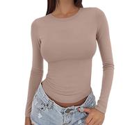 Maglietta a maniche lunghe da donna, elegante, Y2K, slim fit, top, elasticizzata, scollo rotondo, basic layering, leggera, in tinta unita, per yoga, sport, c, XS