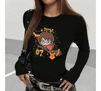 Maglietta a maniche lunghe da donna in 100% cotture costine, stile college, nuova collezione primavera/estate, abbigliamento sportivo da donna, morbida, traspirante, con stampa di Harry Potter, fuochi