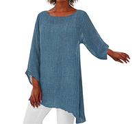 Maglietta a maniche lunghe da donna Oversize, maglietta a maniche lunghe da donna, girocollo, maglietta in cotone e lino, asimmetrica, top largo, abbigliamento traspirante loungewear tinta unita, blu