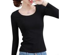 Maglietta a maniche lunghe da donna per vestibilità aderente, scollo rotondo, basica, elasticizzata, casual, per tutti i giorni, ufficio, S-4XL (nero-O 4XL)