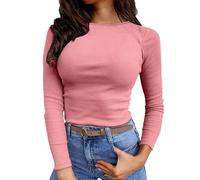 Maglietta a maniche lunghe da donna, slim fit, basic, girocollo, elasticizzata, elegante, a coste, casual, tinta unita, maglietta termica basic, girocollo, maglia a ippopotamo, O rosa chiaro, XXXL
