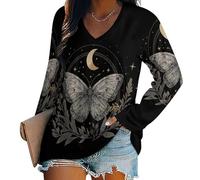 Maglietta A Maniche Lunghe da Donna Top Sexy Stile Tarocchi Celestiali con Scollo A V Maniche Lunghe Magliette Motivi A Farfalla, Luna E Stelle Top vestibilità Ampia, Nero