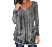 Maglietta a maniche lunghe da donna, vintage, stampa floreale, con bottoni, girocollo, lunga piega, a maniche lunghe, a pieghe, per autunno e inverno, a tunica, taglie forti