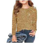 Maglietta a maniche lunghe da ragazza, con paillette, stampata, per bambini, a maniche lunghe, in tinta unita, per la primavera, l'autunno, per feste, unisex, per 3-14 anni, gold, 11-12 Jahre