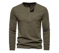 Maglietta a maniche lunghe da uomo, a maniche lunghe, morbida, traspirante, con bottoni, vestibilità normale, comoda, leggera, classica, ad asciugatura rapida, O verde, L
