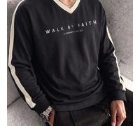 Maglietta a maniche lunghe da uomo con scollo a V, strisce laterali a contrasto, versetto biblico "Walk By Faith", stile casual streetwear, vestibilità ampia L,M,S,XL,XS,XXLLettereTessuto in maglia