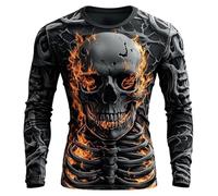 Maglietta a maniche lunghe da uomo con teschio in fiamme - maglietta grafica con teschio infuocato e drago | accattivante maglietta da motociclista gotico per un aspetto forte, Stile T01 Nero, XL