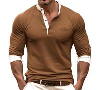 Maglietta a maniche lunghe da uomo per il tempo libero, alla moda, tinta unita, con risvolto a contrasto, con bottoni, casual, elegante, confortevole, maglietta da uomo, 02#_caffè, XL