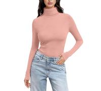 Maglietta a maniche lunghe in cotone da donna a collo alto intimo taglia grande maglietta basic vestibilità aderente maglione elegante tunica oversize top, Rosa, XL