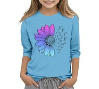 Maglietta a maniche lunghe per ragazze e ragazze, casual, tinta unita, girocollo, sette polsini, maglietta 3 13 anni., Azzurro, 6-7 Jahre