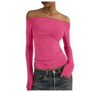 Maglietta a maniche lunghe, slim fit, elasticizzata, in tinta unita, con schiena scoperta, alla moda, rosa intenso, L