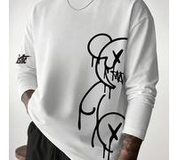 Maglietta a maniche lunghe stile minimalista americano, bianco puro, girocollo, strato di base con stampa di grande linea di inchiostro graffiti e orso con occhiello sul lato del corpo + piccoli accen