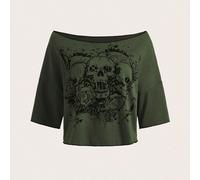 Maglietta a mezza manica con scollo a barca, stampa a teschio e floreale, per la scuola L,M,S,XL,XSHalloweenTessuto