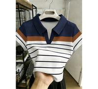 Maglietta a polo a maniche corte a righe casual e versatile per donne taglia comoda, articolo di moda come regalo per lei, regalo per le vacanze 1XL,2XL,3XL,4XLA strisceTessuto in maglia