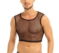 Maglietta a rete da uomo, in rete, oversize, con scollo rotondo, senza maniche, con scollo rotondo, sexy, trasparente, a rete, Nero , XXL