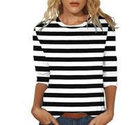 Maglietta a righe da donna con maniche a 3/4, basic, girocollo, a maniche lunghe, per adolescenti, ragazze, Y2K, alla moda, casual, a righe, per carnevale, Nero , S