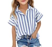 Maglietta a righe per il tempo libero con colletto a risvolto, parte anteriore aperta come top a maglia per tendenze estive, Blu, 7-8 Anni