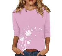 Maglietta a strati Manica Lunga Donna Autunno Girocollo Stampa Dente di Leone Allentato Casual A Sette Quarti Manica T Shirt Flanella Tee Shirt, rosa, XXL