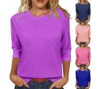 Maglietta a tunica estiva da donna, a maniche 3/4, con scollo rotondo, a tunica, a maniche a tre quarti, elegante, in tinta unita, comoda, da donna, casual, da donna, Rosa acceso., L