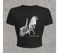 Maglietta aderente a girocollo con grafica stampata del gesto del dito LA, hip hop, semplice e casual, adatta per l'estate, per taglie forti 0XL,1XL,2XL,3XL,4XL,5XLRitratto,sloganTessuto in maglia